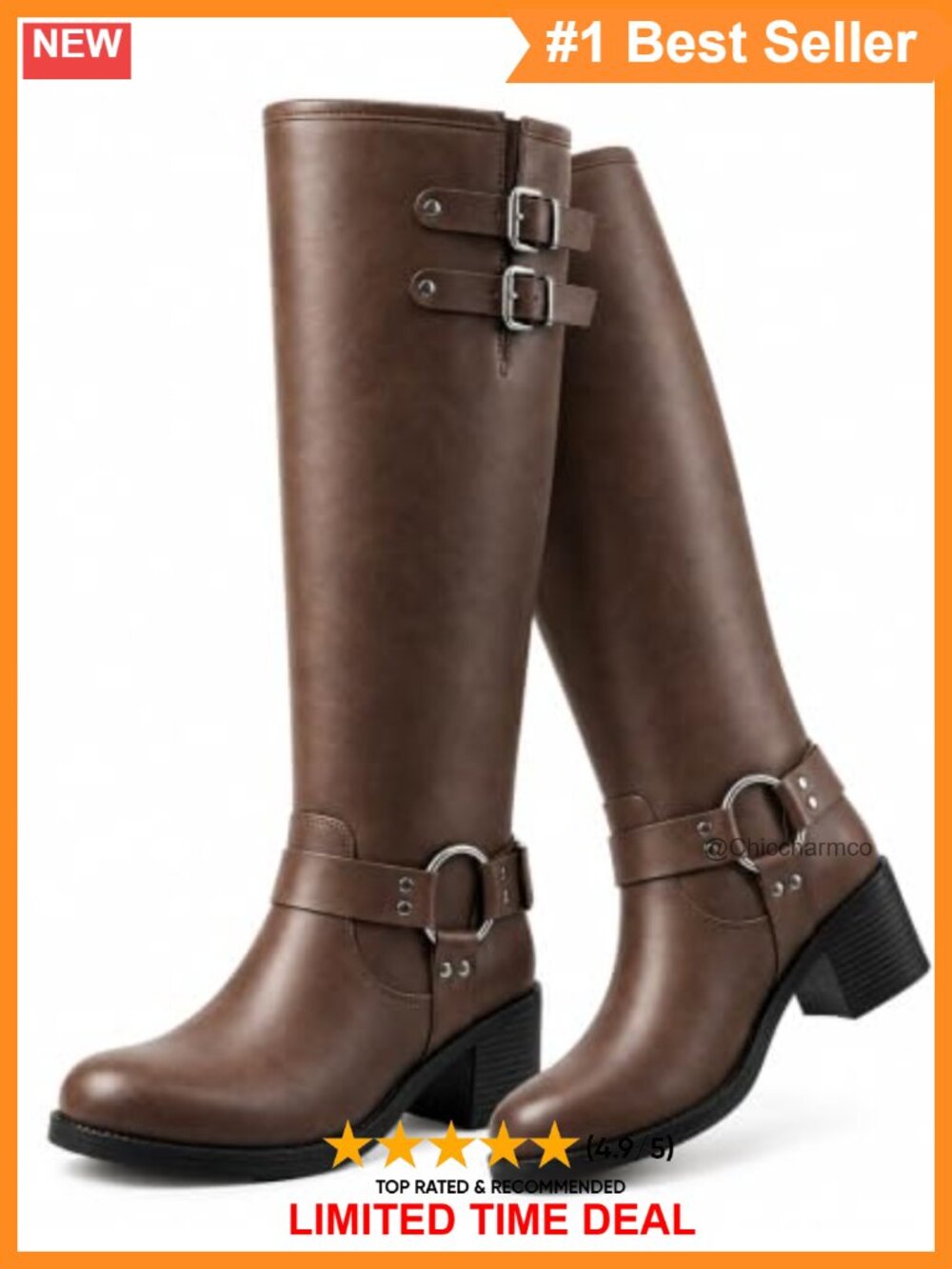 Knee High Moto Boots Square Toe Faux Leather Chunky Heel